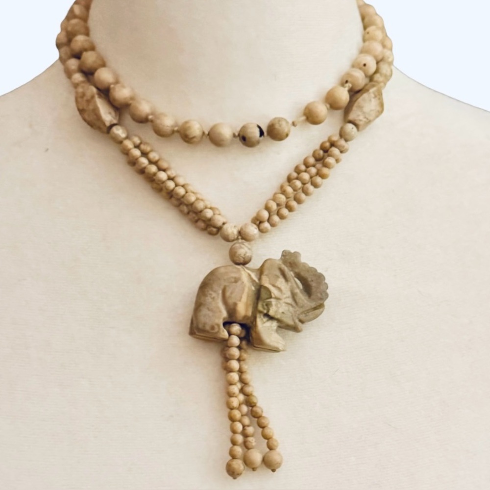 Long Hand-Carved Stone Elephant Pendant Large Beads Necklace with Beaded Tassel